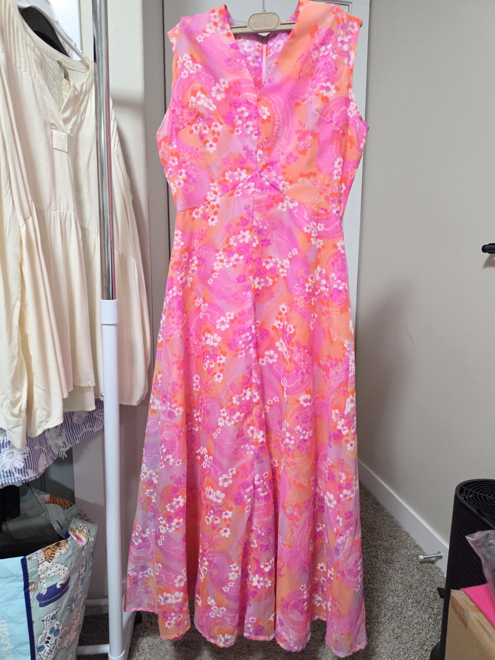 Pink Coral Floral Long Dress Sleeveless PTP 18 Inches